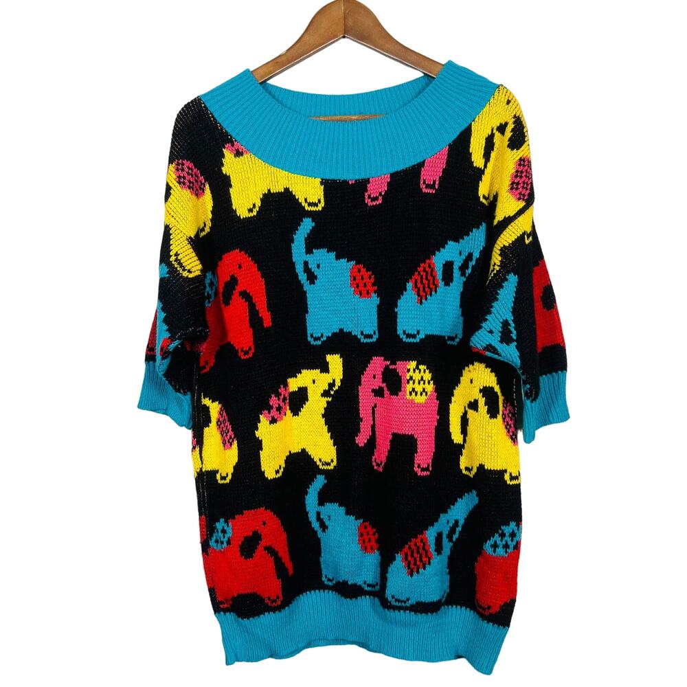 Vintage Knit Elephant Sweater Short Sleeve Black Turquoise Art Pop Artsy Cozy XL